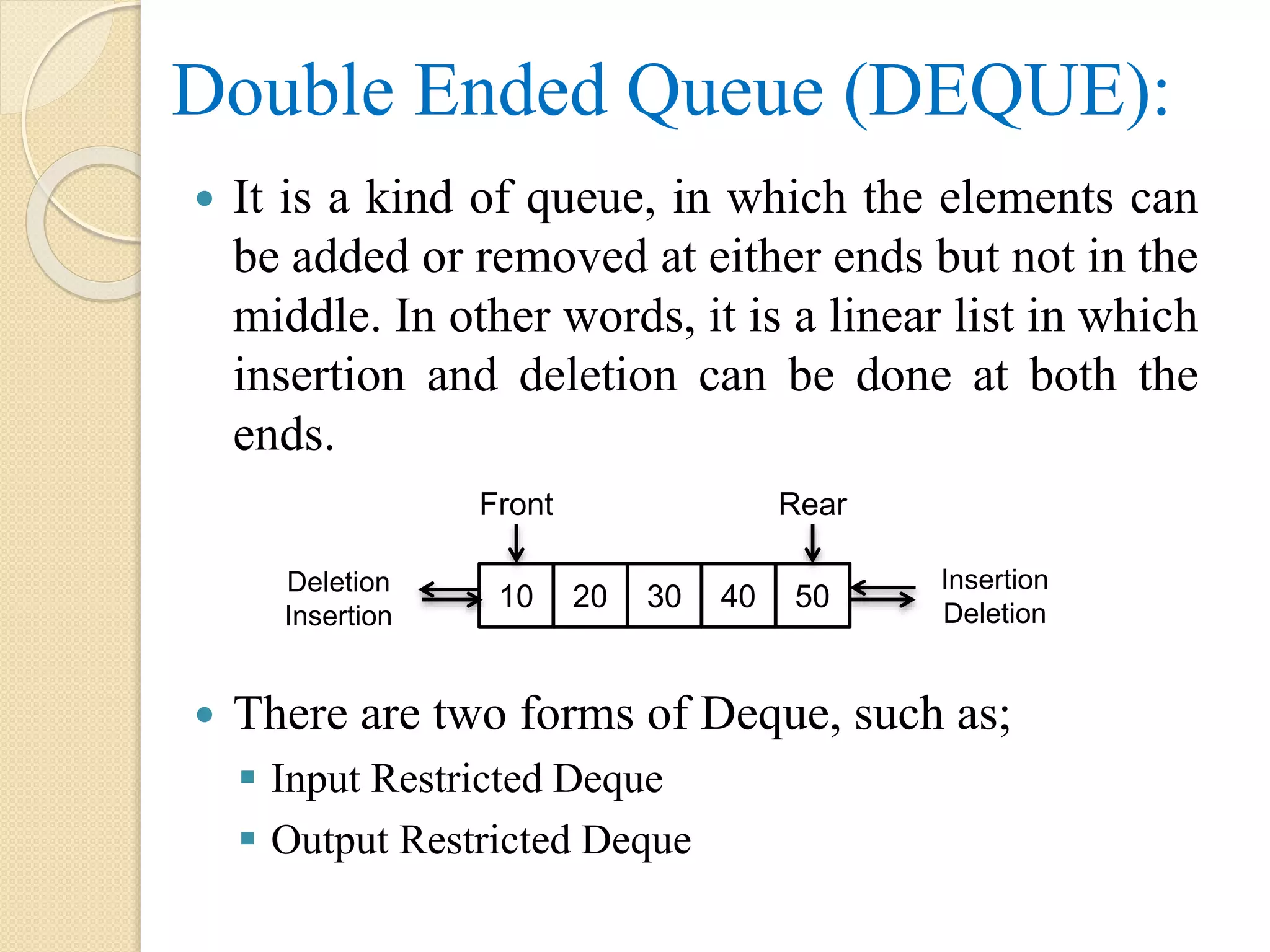 Double Ended Queue (DEQUE):  It is a kind of queue, in which the elements can be added or removed at either ends but not in the middle. In other words, it is a linear list in which insertion and deletion can be done at both the ends.  There are two forms of Deque, such as;  Input Restricted Deque  Output Restricted Deque 10 20 30 40 50 RearFront Deletion Insertion Insertion Deletion 