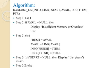 Algorithm:
InsertAfter_Loc(INFO, LINK, START, AVAIL, LOC, ITEM,
PTR)
 Step 1: Let I
 Step 2: if AVAIL = NULL, then
Display “Insufficient Memory or Overflow”
Exit
 Step 3: else
FRESH = AVAIL
AVAIL = LINK[AVAIL]
INFO[FRESH] = ITEM
LINK[FRESH] = NULL
 Step 3.1: if START = NULL, then Display “List doesn’t
exist”.
 Step 3.2: else
 