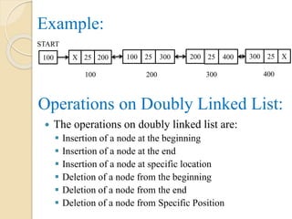 Example:
 The operations on doubly linked list are:
 Insertion of a node at the beginning
 Insertion of a node at the end
 Insertion of a node at specific location
 Deletion of a node from the beginning
 Deletion of a node from the end
 Deletion of a node from Specific Position
Operations on Doubly Linked List:
100 X 25 200 100 25 300 200 25 400 300 25 X
100 200 300 400
START
 