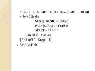 Step 2.1: if START = NULL, then START = FRESH
 Step 2.2: else
NEXT[FRESH] = START
PREV[START] = FRESH
START = FRESH
[End of if – Step 2.1]
[End of if – Step – 1]
 Step 3: Exit
 