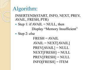 Algorithm:
INSERTEND(START, INFO, NEXT, PREV,
AVAIL, FRESH, PTR)
 Step 1: if AVAIL = NULL, then
Display “Memory Insufficient”
 Step 2: else
FRESH = AVAIL
AVAIL = NEXT[AVAIL]
PREV[AVAIL] = NULL
NEXT[FRESH] = NULL
PREV[FRESH] = NULL
INFO[FRESH] = ITEM
 