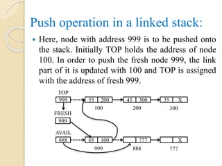 Push operation in a linked stack:
 Here, node with address 999 is to be pushed onto
the stack. Initially TOP holds the address of node
100. In order to push the fresh node 999, the link
part of it is updated with 100 and TOP is assigned
with the address of fresh 999.
TOP
999 55 200 45 300 35 X
100 200 300
888 65 100 777 X
999 888 777
FRESH
999
AVAIL
 