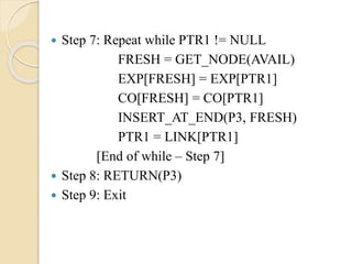  Step 7: Repeat while PTR1 != NULL
FRESH = GET_NODE(AVAIL)
EXP[FRESH] = EXP[PTR1]
CO[FRESH] = CO[PTR1]
INSERT_AT_END(P3, FRESH)
PTR1 = LINK[PTR1]
[End of while – Step 7]
 Step 8: RETURN(P3)
 Step 9: Exit
 