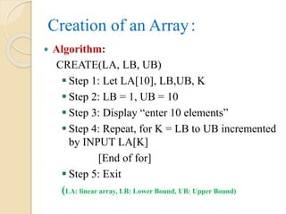 Creation of an Array:
 Algorithm:
CREATE(LA, LB, UB)
 Step 1: Let LA[10], LB,UB, K
 Step 2: LB = 1, UB = 10
 Step 3: Display “enter 10 elements”
 Step 4: Repeat, for K = LB to UB incremented
by INPUT LA[K]
[End of for]
 Step 5: Exit
(LA: linear array, LB: Lower Bound, UB: Upper Bound)
 