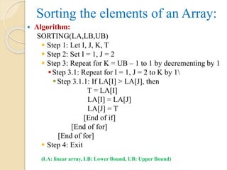 Sorting the elements of an Array:
 Algorithm:
SORTING(LA,LB,UB)
 Step 1: Let I, J, K, T
 Step 2: Set I = 1, J = 2
 Step 3: Repeat for K = UB – 1 to 1 by decrementing by 1
Step 3.1: Repeat for I = 1, J = 2 to K by 1
Step 3.1.1: If LA[I] > LA[J], then
T = LA[I]
LA[I] = LA[J]
LA[J] = T
[End of if]
[End of for]
[End of for]
 Step 4: Exit
(LA: linear array, LB: Lower Bound, UB: Upper Bound)
 