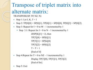 Transpose of triplet matrix into
alternate matrix:
TRANSPOSE(SP, TP, NZ, N)
 Step 1: Let J, K, T = 1
 Step 2: TP[0][0] = SP[0][1], TP[0][1] = SP[0][0], TP[0][2] = SP[0][2].
 Step 3: Repeat for I = 0 to M – 1 incremented by 1
 Step 3.1: Repeat for J = 0 to N – 1 incremented by 1
if(SP[K][1] = J), then
TP[T][0] = SP[K][1]
TP[T][1] = SP[K][0]
TP[T][2] = SP[K][2]
T = T + 1
[End of if]
 Step 4:Repeat for T = 0 to NZ – 1 incremented by 1
Display TP[T][0], TP[T][1], TP[T][2]
[End of for]
 Step 5: Exit
 