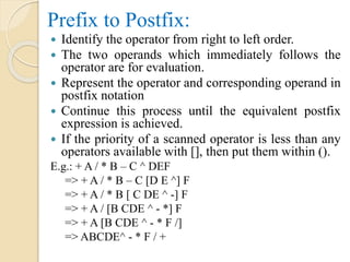 Prefix to Postfix:
 Identify the operator from right to left order.
 The two operands which immediately follows the
operator are for evaluation.
 Represent the operator and corresponding operand in
postfix notation
 Continue this process until the equivalent postfix
expression is achieved.
 If the priority of a scanned operator is less than any
operators available with [], then put them within ().
E.g.: + A / * B – C ^ DEF
=> + A / * B – C [D E ^] F
=> + A / * B [ C DE ^ -] F
=> + A / [B CDE ^ - *] F
=> + A [B CDE ^ - * F /]
=> ABCDE^ - * F / +
 