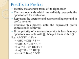 Postfix to Prefix:
 Identify the operator from left to right order.
 The two operands which immediately proceeds the
operator are for evaluation.
 Represent the operator and corresponding operand in
prefix notation
 Continue this process until the equivalent prefix
expression is achieved.
 If the priority of a scanned operator is less than any
operators available with [], then put them within ().
E.g.: ABCDE^ - * F / +
=> ABC[^ DE] - * F / +
=> AB[- C ^ DE] * F / +
=> A [* B – C ^ DE] F / +
=> A[/ * B – C ^ DEF]+
=> + A / * B – C ^ DEF
 