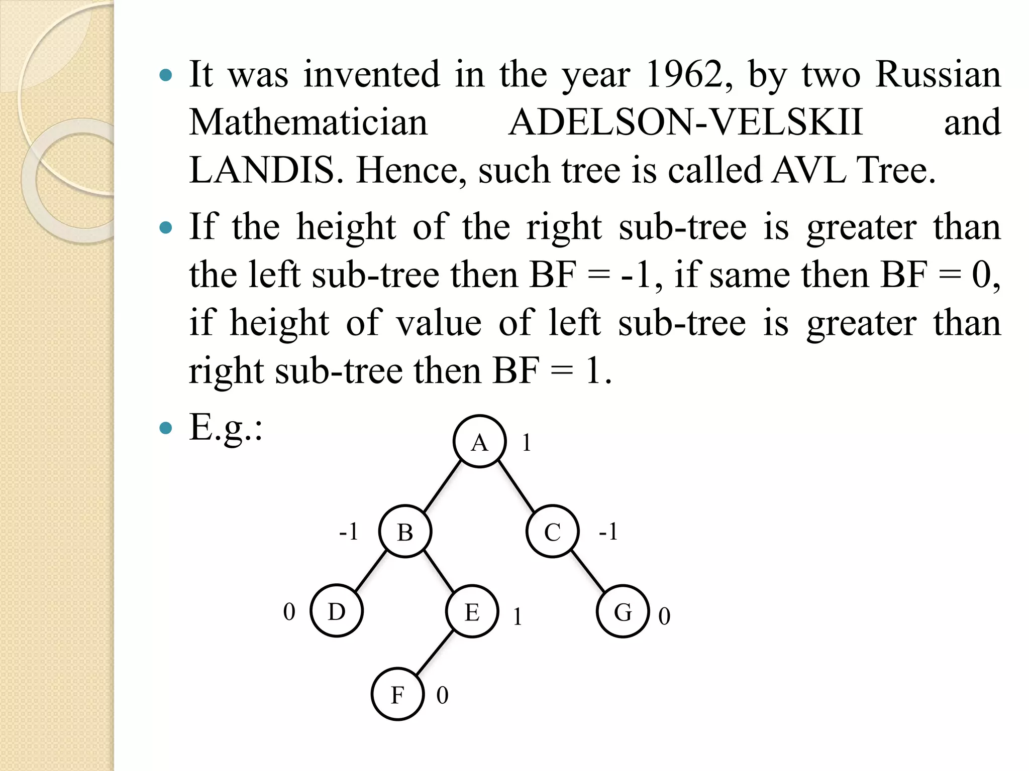  It was invented in the year 1962, by two Russian
Mathematician ADELSON-VELSKII and
LANDIS. Hence, such tree is called AVL Tree.
 If the height of the right sub-tree is greater than
the left sub-tree then BF = -1, if same then BF = 0,
if height of value of left sub-tree is greater than
right sub-tree then BF = 1.
 E.g.: A
CB
D E
F
G
1
-1 -1
10 0
0
 