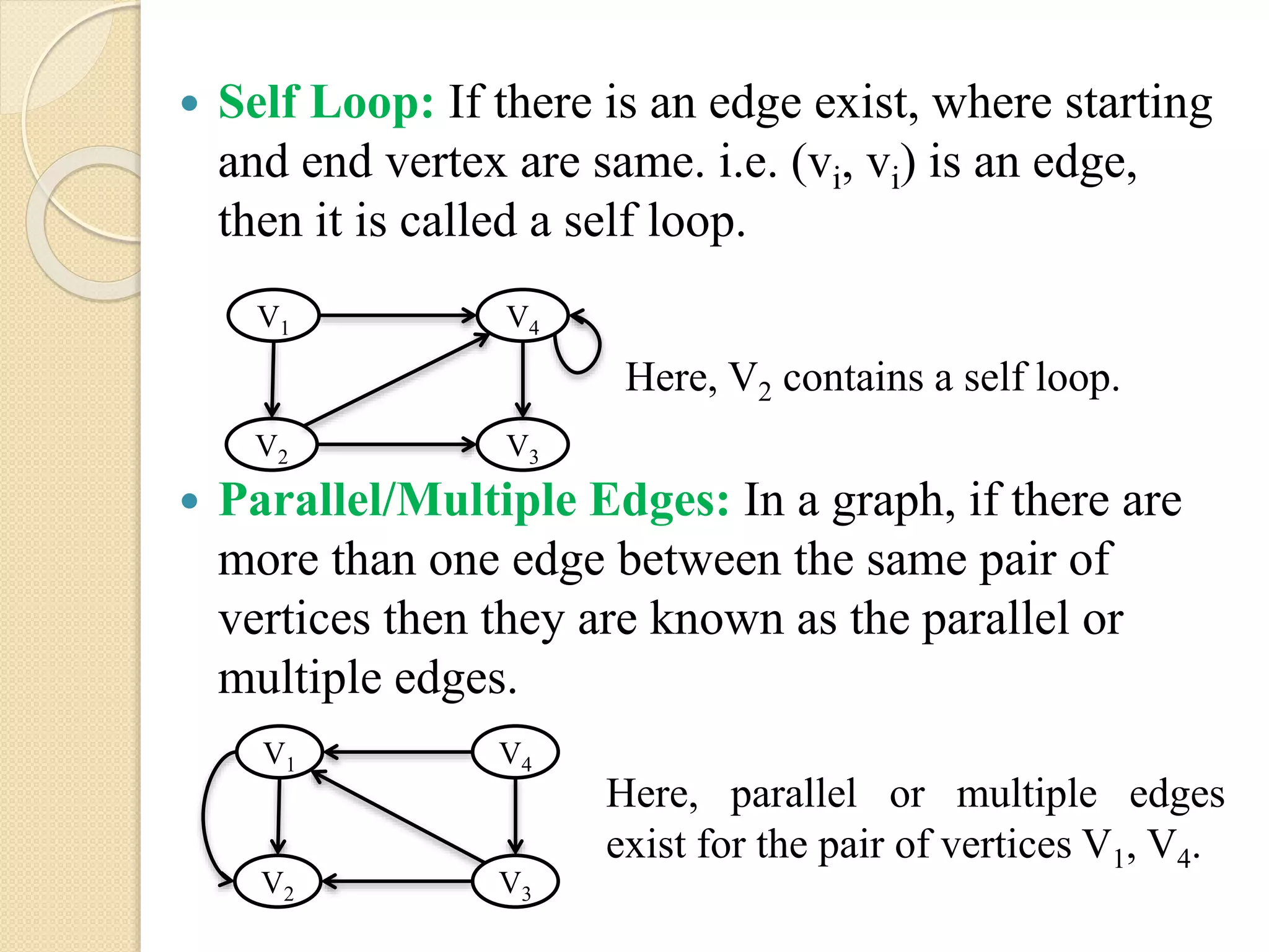  Self Loop: If there is an edge exist, where starting
and end vertex are same. i.e. (vi, vi) is an edge,
then it is called a self loop.
 Parallel/Multiple Edges: In a graph, if there are
more than one edge between the same pair of
vertices then they are known as the parallel or
multiple edges.
V1
V3
V4
V2
Here, V2 contains a self loop.
Here, parallel or multiple edges
exist for the pair of vertices V1, V4.
V1
V3
V4
V2
 