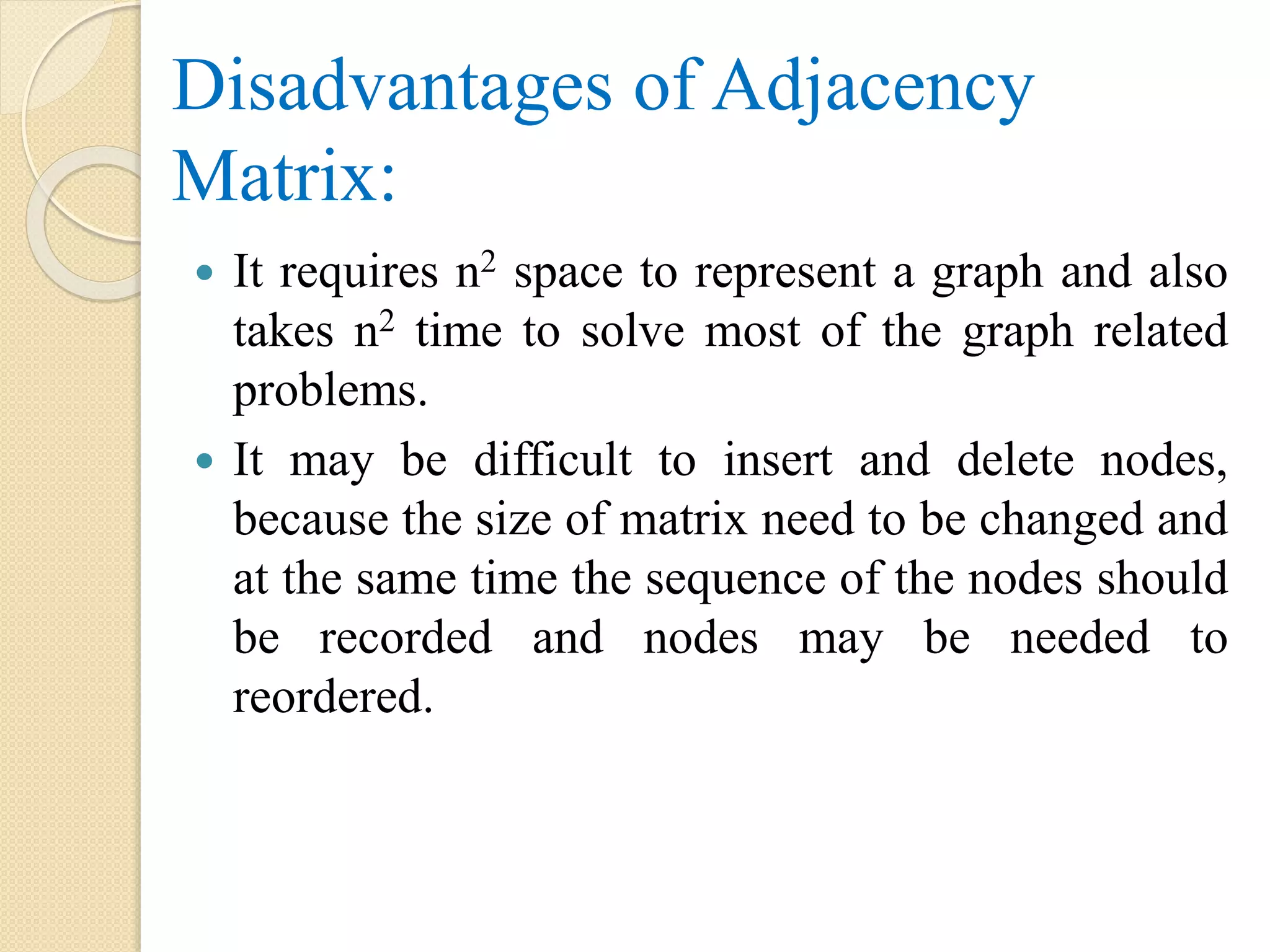 Disadvantages of Adjacency
Matrix:
 It requires n2 space to represent a graph and also
takes n2 time to solve most of the graph related
problems.
 It may be difficult to insert and delete nodes,
because the size of matrix need to be changed and
at the same time the sequence of the nodes should
be recorded and nodes may be needed to
reordered.
 