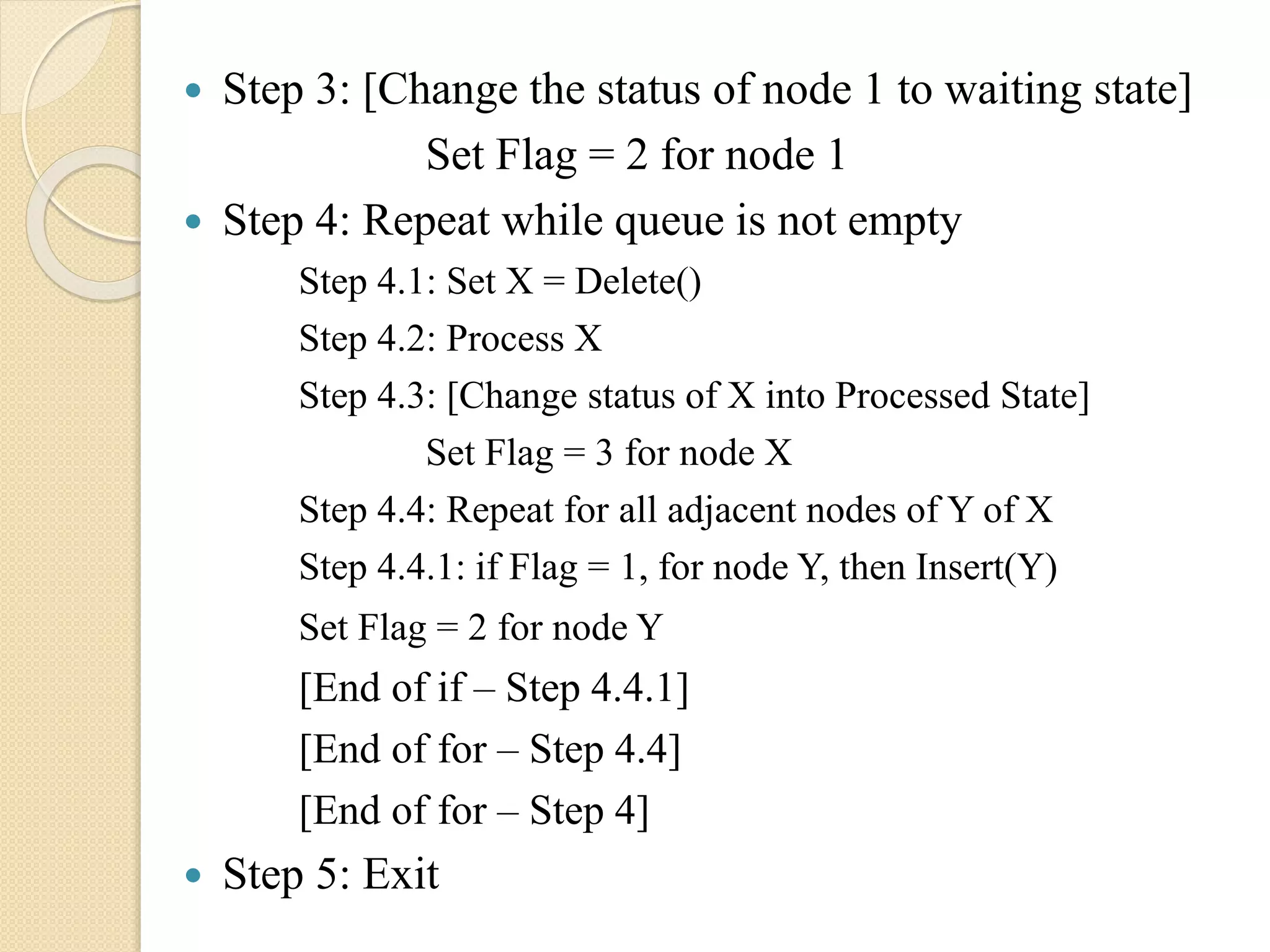  Step 3: [Change the status of node 1 to waiting state]
Set Flag = 2 for node 1
 Step 4: Repeat while queue is not empty
Step 4.1: Set X = Delete()
Step 4.2: Process X
Step 4.3: [Change status of X into Processed State]
Set Flag = 3 for node X
Step 4.4: Repeat for all adjacent nodes of Y of X
Step 4.4.1: if Flag = 1, for node Y, then Insert(Y)
Set Flag = 2 for node Y
[End of if – Step 4.4.1]
[End of for – Step 4.4]
[End of for – Step 4]
 Step 5: Exit
 