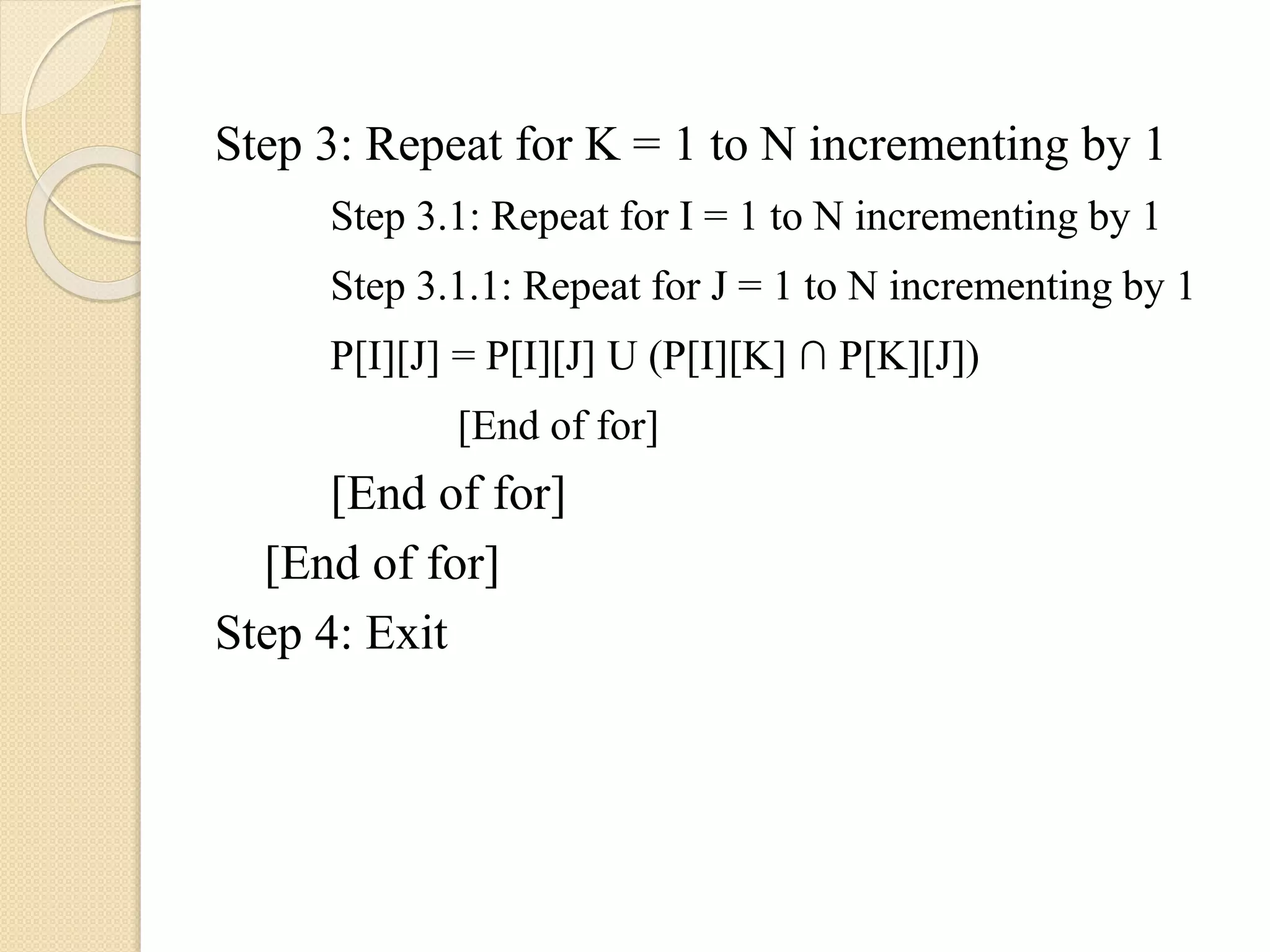 Step 3: Repeat for K = 1 to N incrementing by 1
Step 3.1: Repeat for I = 1 to N incrementing by 1
Step 3.1.1: Repeat for J = 1 to N incrementing by 1
P[I][J] = P[I][J] U (P[I][K] ∩ P[K][J])
[End of for]
[End of for]
[End of for]
Step 4: Exit
 