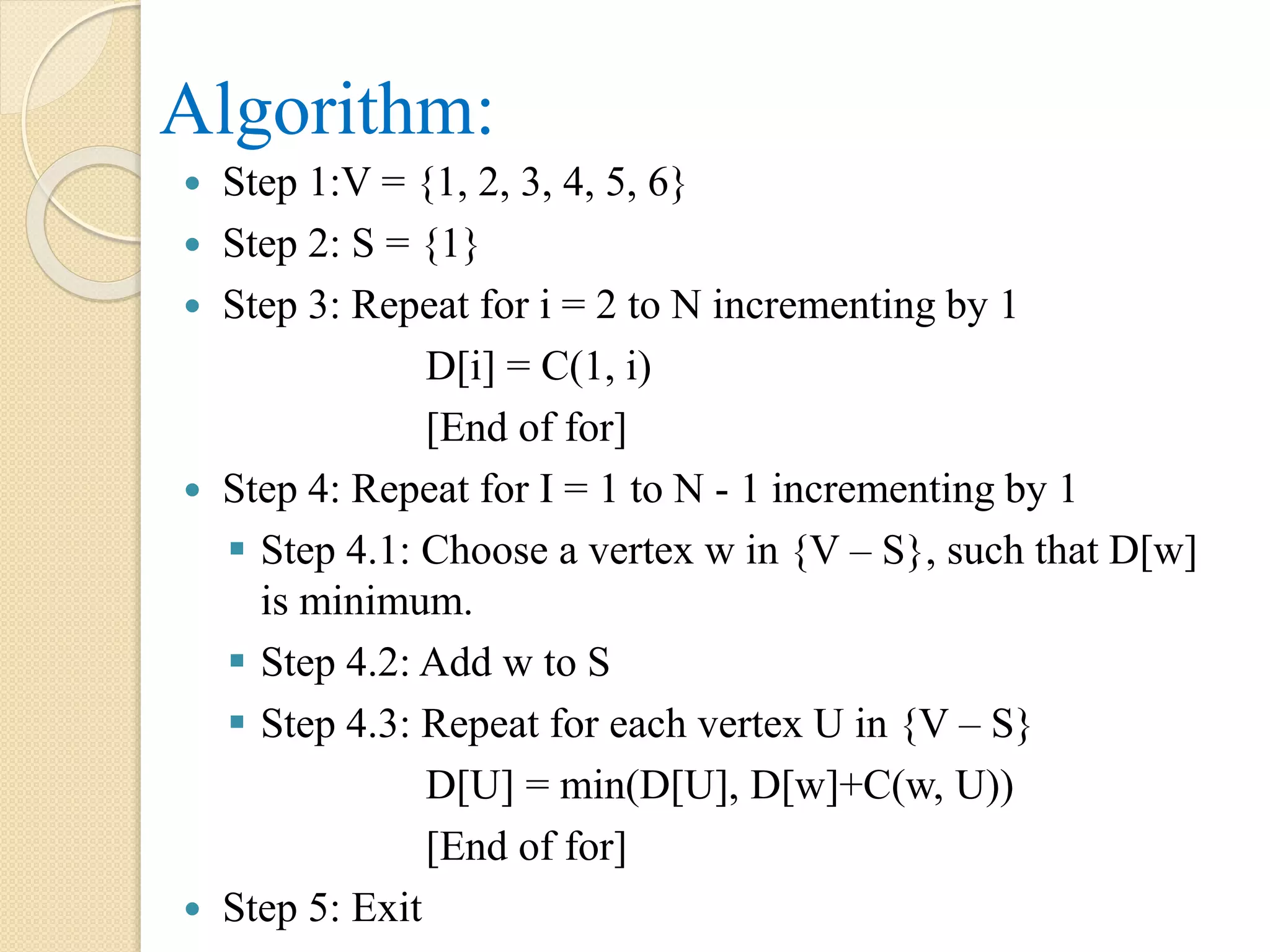 Algorithm:
 Step 1:V = {1, 2, 3, 4, 5, 6}
 Step 2: S = {1}
 Step 3: Repeat for i = 2 to N incrementing by 1
D[i] = C(1, i)
[End of for]
 Step 4: Repeat for I = 1 to N - 1 incrementing by 1
 Step 4.1: Choose a vertex w in {V – S}, such that D[w]
is minimum.
 Step 4.2: Add w to S
 Step 4.3: Repeat for each vertex U in {V – S}
D[U] = min(D[U], D[w]+C(w, U))
[End of for]
 Step 5: Exit
 