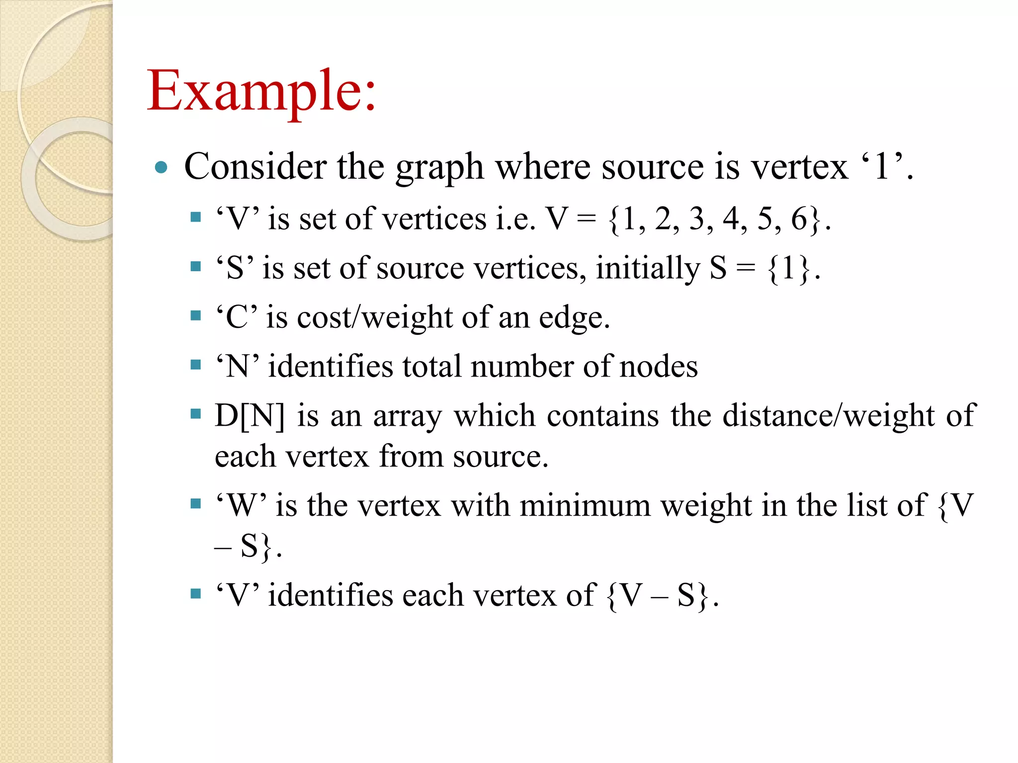 Example:
 Consider the graph where source is vertex ‘1’.
 ‘V’ is set of vertices i.e. V = {1, 2, 3, 4, 5, 6}.
 ‘S’ is set of source vertices, initially S = {1}.
 ‘C’ is cost/weight of an edge.
 ‘N’ identifies total number of nodes
 D[N] is an array which contains the distance/weight of
each vertex from source.
 ‘W’ is the vertex with minimum weight in the list of {V
– S}.
 ‘V’ identifies each vertex of {V – S}.
 
