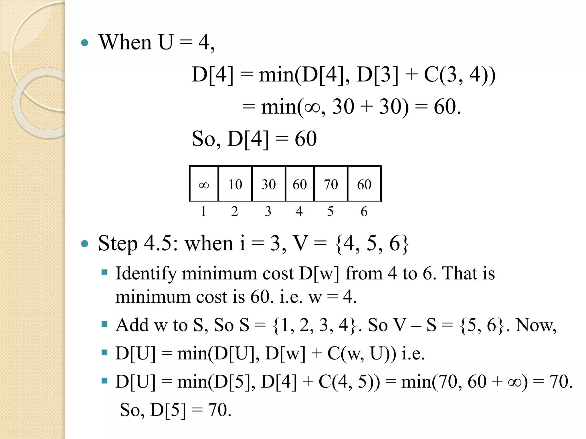  When U = 4,
D[4] = min(D[4], D[3] + C(3, 4))
= min(∞, 30 + 30) = 60.
So, D[4] = 60
 Step 4.5: when i = 3, V = {4, 5, 6}
 Identify minimum cost D[w] from 4 to 6. That is
minimum cost is 60. i.e. w = 4.
 Add w to S, So S = {1, 2, 3, 4}. So V – S = {5, 6}. Now,
 D[U] = min(D[U], D[w] + C(w, U)) i.e.
 D[U] = min(D[5], D[4] + C(4, 5)) = min(70, 60 + ∞) = 70.
So, D[5] = 70.
∞ 10 6030 70 60
1 2 43 5 6
 