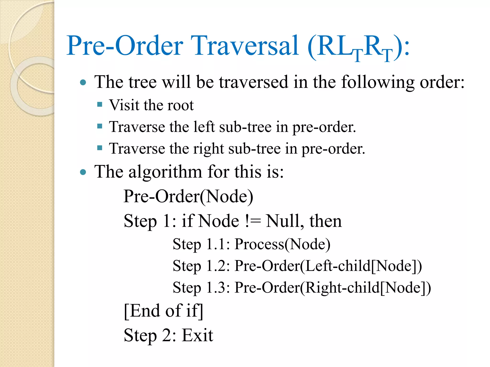  The tree will be traversed in the following order:
 Visit the root
 Traverse the left sub-tree in pre-order.
 Traverse the right sub-tree in pre-order.
 The algorithm for this is:
Pre-Order(Node)
Step 1: if Node != Null, then
Step 1.1: Process(Node)
Step 1.2: Pre-Order(Left-child[Node])
Step 1.3: Pre-Order(Right-child[Node])
[End of if]
Step 2: Exit
Pre-Order Traversal (RLTRT):
 