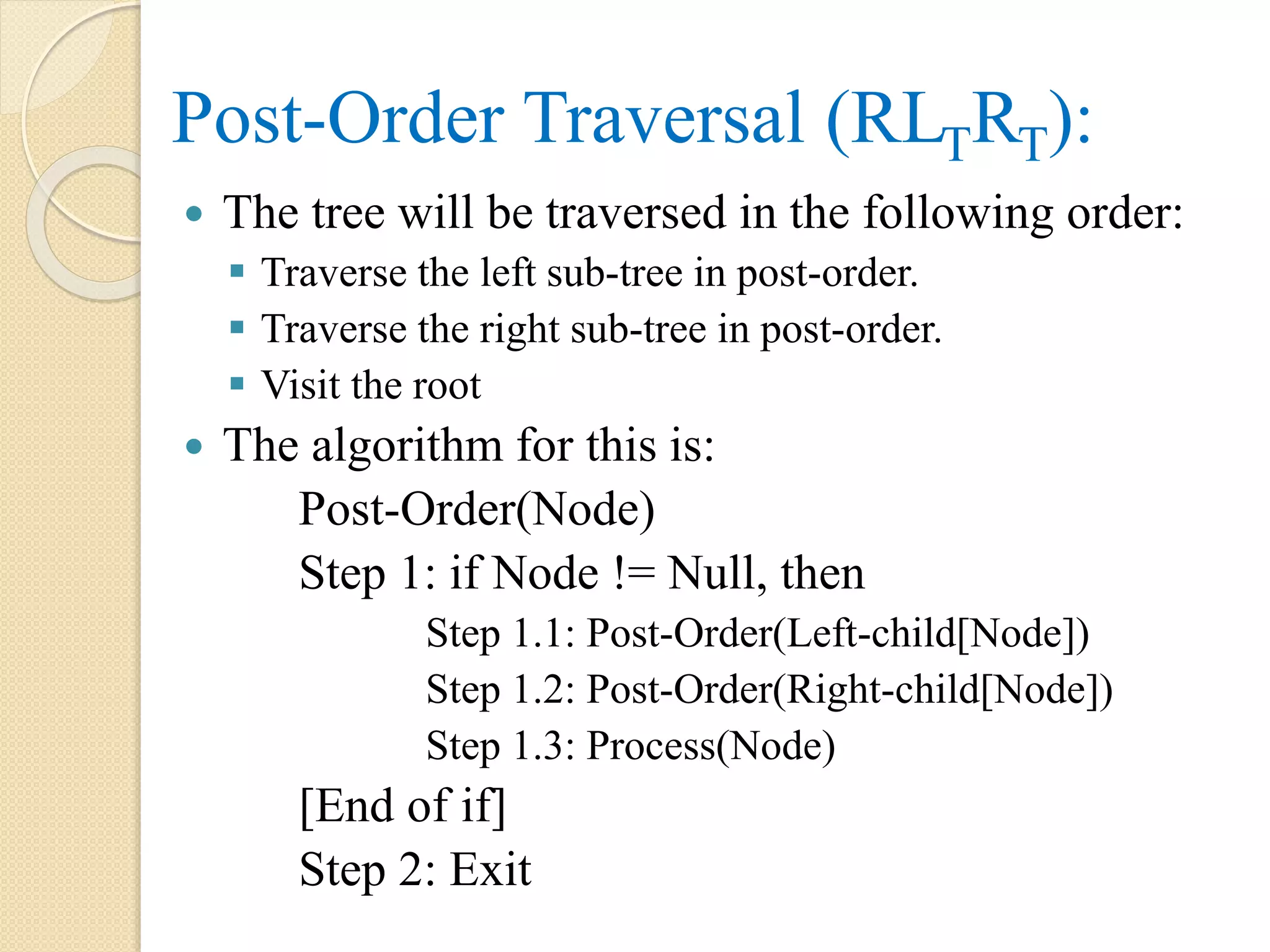  The tree will be traversed in the following order:
 Traverse the left sub-tree in post-order.
 Traverse the right sub-tree in post-order.
 Visit the root
 The algorithm for this is:
Post-Order(Node)
Step 1: if Node != Null, then
Step 1.1: Post-Order(Left-child[Node])
Step 1.2: Post-Order(Right-child[Node])
Step 1.3: Process(Node)
[End of if]
Step 2: Exit
Post-Order Traversal (RLTRT):
 