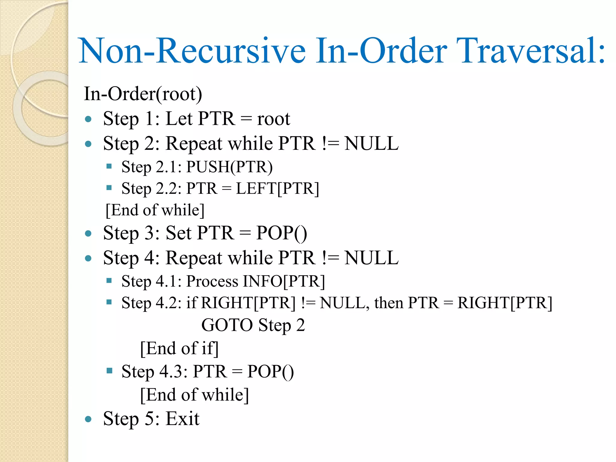 In-Order(root)
 Step 1: Let PTR = root
 Step 2: Repeat while PTR != NULL
 Step 2.1: PUSH(PTR)
 Step 2.2: PTR = LEFT[PTR]
[End of while]
 Step 3: Set PTR = POP()
 Step 4: Repeat while PTR != NULL
 Step 4.1: Process INFO[PTR]
 Step 4.2: if RIGHT[PTR] != NULL, then PTR = RIGHT[PTR]
GOTO Step 2
[End of if]
 Step 4.3: PTR = POP()
[End of while]
 Step 5: Exit
Non-Recursive In-Order Traversal:
 