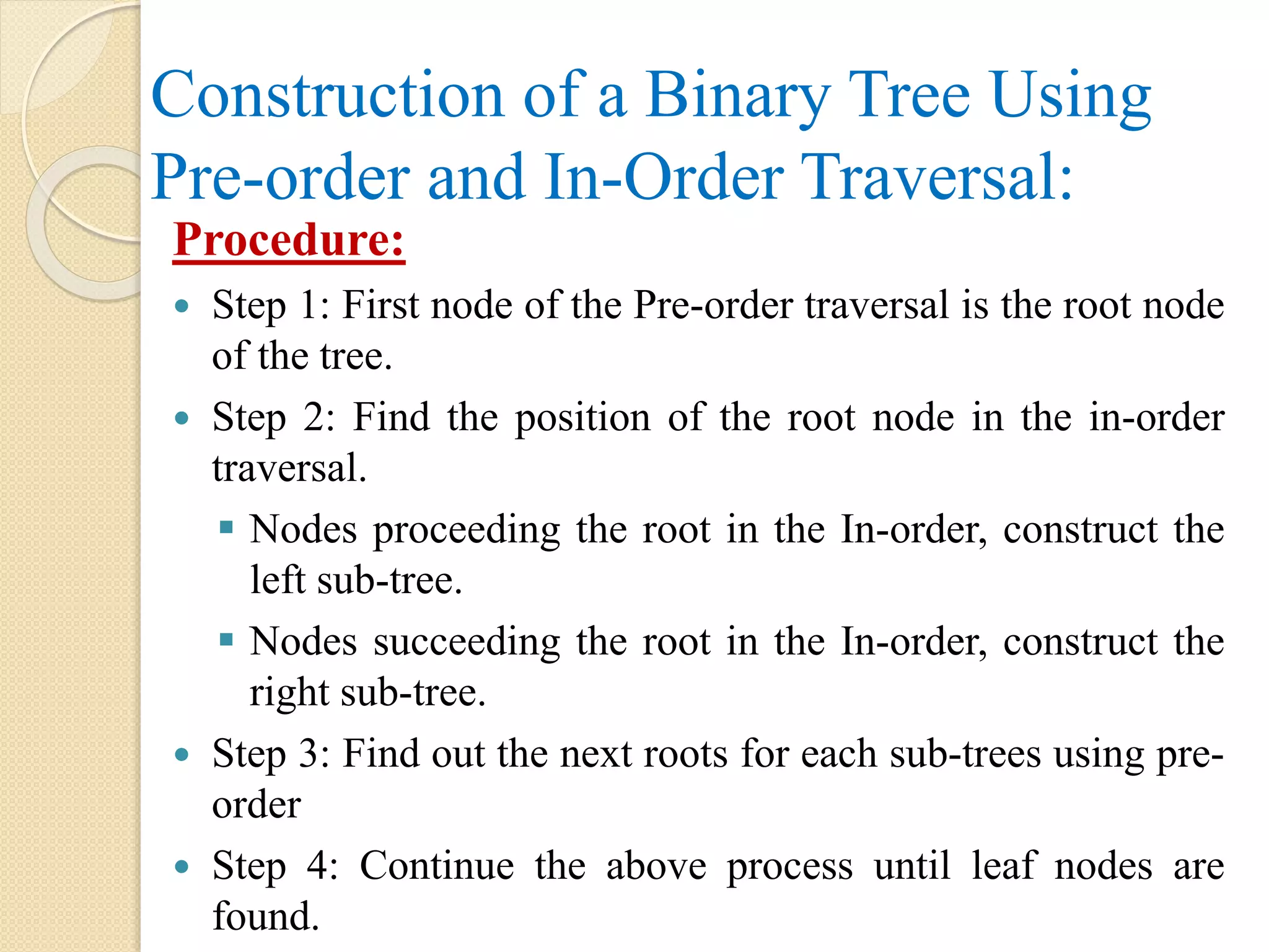 Construction of a Binary Tree Using
Pre-order and In-Order Traversal:
Procedure:
 Step 1: First node of the Pre-order traversal is the root node
of the tree.
 Step 2: Find the position of the root node in the in-order
traversal.
 Nodes proceeding the root in the In-order, construct the
left sub-tree.
 Nodes succeeding the root in the In-order, construct the
right sub-tree.
 Step 3: Find out the next roots for each sub-trees using pre-
order
 Step 4: Continue the above process until leaf nodes are
found.
 