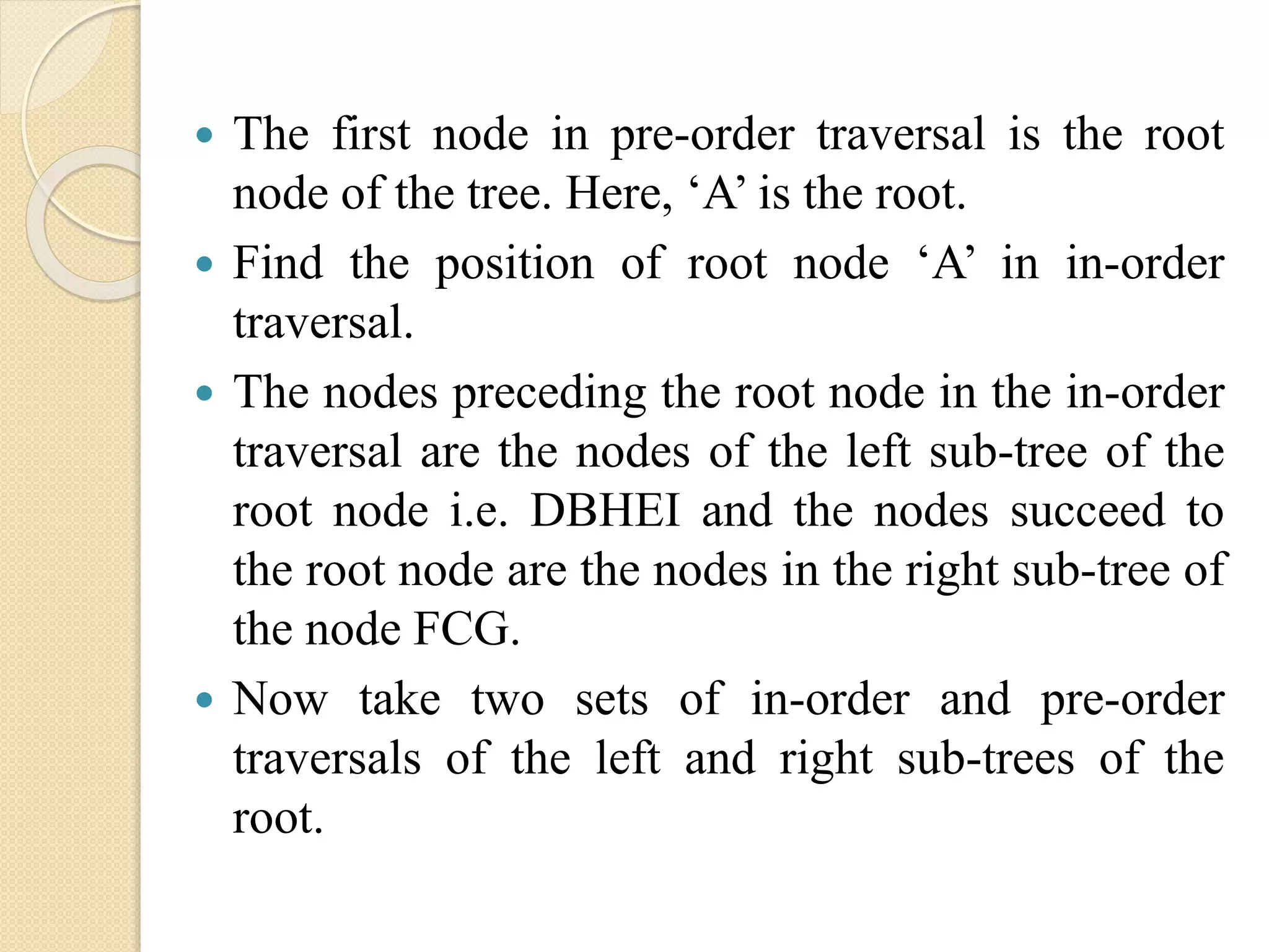  The first node in pre-order traversal is the root
node of the tree. Here, ‘A’ is the root.
 Find the position of root node ‘A’ in in-order
traversal.
 The nodes preceding the root node in the in-order
traversal are the nodes of the left sub-tree of the
root node i.e. DBHEI and the nodes succeed to
the root node are the nodes in the right sub-tree of
the node FCG.
 Now take two sets of in-order and pre-order
traversals of the left and right sub-trees of the
root.
 