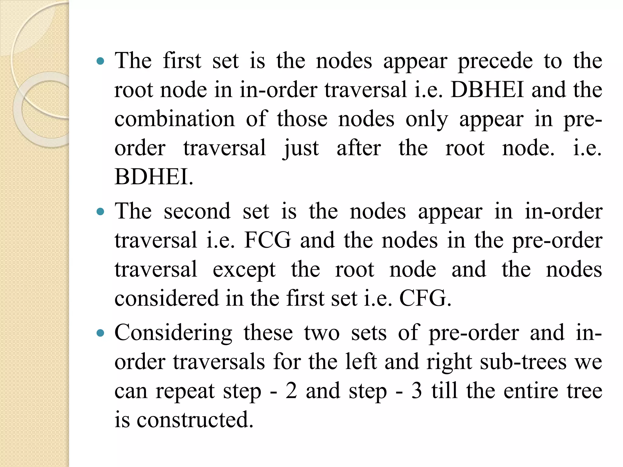  The first set is the nodes appear precede to the
root node in in-order traversal i.e. DBHEI and the
combination of those nodes only appear in pre-
order traversal just after the root node. i.e.
BDHEI.
 The second set is the nodes appear in in-order
traversal i.e. FCG and the nodes in the pre-order
traversal except the root node and the nodes
considered in the first set i.e. CFG.
 Considering these two sets of pre-order and in-
order traversals for the left and right sub-trees we
can repeat step - 2 and step - 3 till the entire tree
is constructed.
 