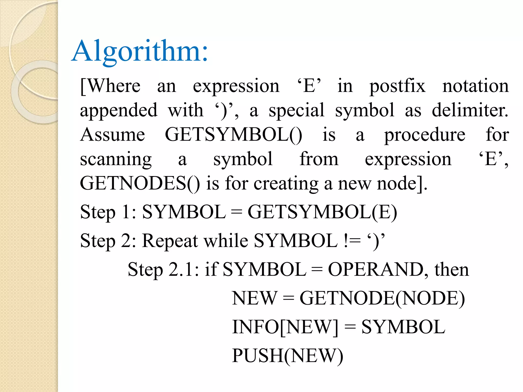 [Where an expression ‘E’ in postfix notation
appended with ‘)’, a special symbol as delimiter.
Assume GETSYMBOL() is a procedure for
scanning a symbol from expression ‘E’,
GETNODES() is for creating a new node].
Step 1: SYMBOL = GETSYMBOL(E)
Step 2: Repeat while SYMBOL != ‘)’
Step 2.1: if SYMBOL = OPERAND, then
NEW = GETNODE(NODE)
INFO[NEW] = SYMBOL
PUSH(NEW)
Algorithm:
 