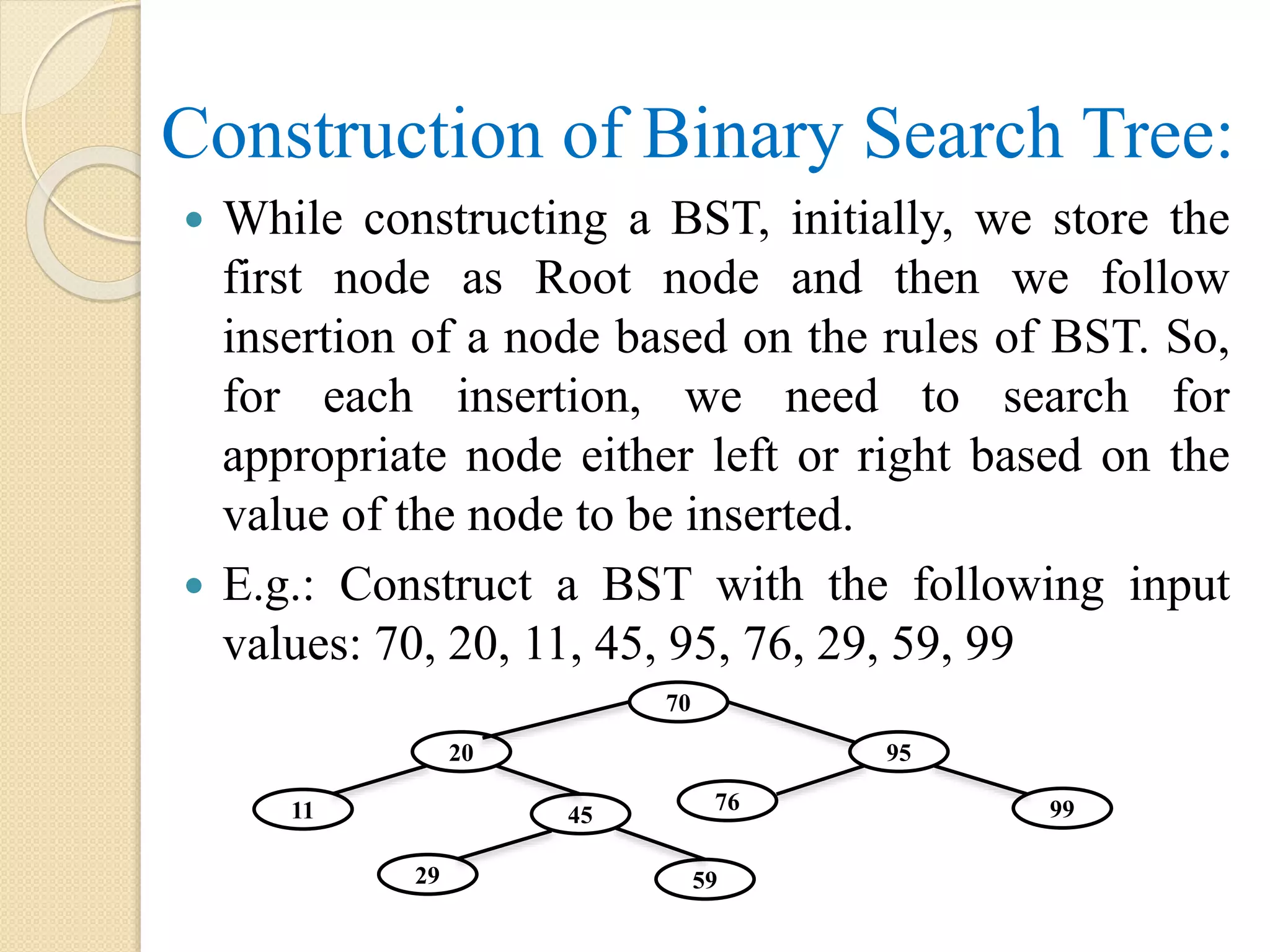 Construction of Binary Search Tree:
 While constructing a BST, initially, we store the
first node as Root node and then we follow
insertion of a node based on the rules of BST. So,
for each insertion, we need to search for
appropriate node either left or right based on the
value of the node to be inserted.
 E.g.: Construct a BST with the following input
values: 70, 20, 11, 45, 95, 76, 29, 59, 99
76
70
9520
11 9945
29 59
 