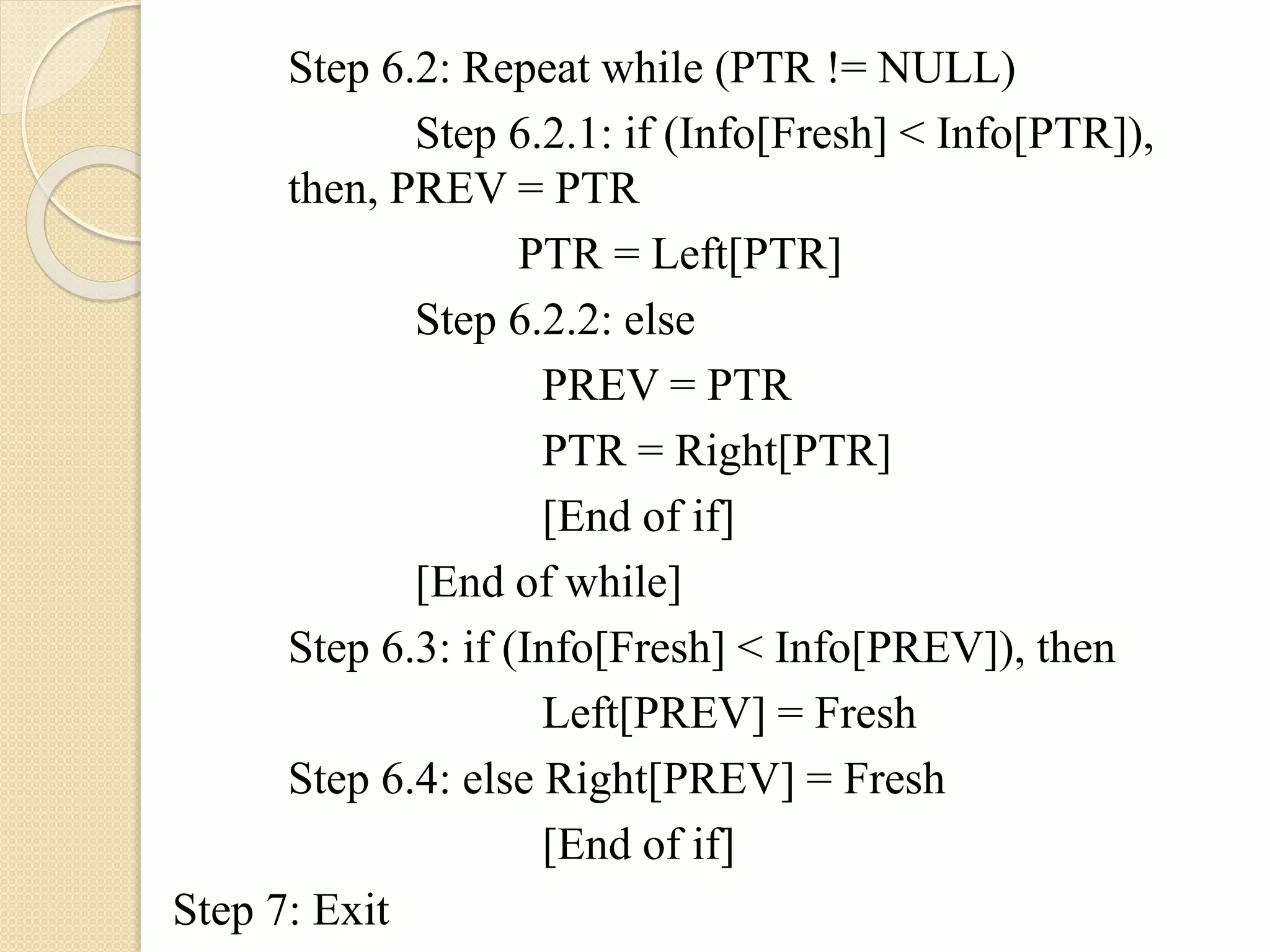 Step 6.2: Repeat while (PTR != NULL)
Step 6.2.1: if (Info[Fresh] < Info[PTR]),
then, PREV = PTR
PTR = Left[PTR]
Step 6.2.2: else
PREV = PTR
PTR = Right[PTR]
[End of if]
[End of while]
Step 6.3: if (Info[Fresh] < Info[PREV]), then
Left[PREV] = Fresh
Step 6.4: else Right[PREV] = Fresh
[End of if]
Step 7: Exit
 
