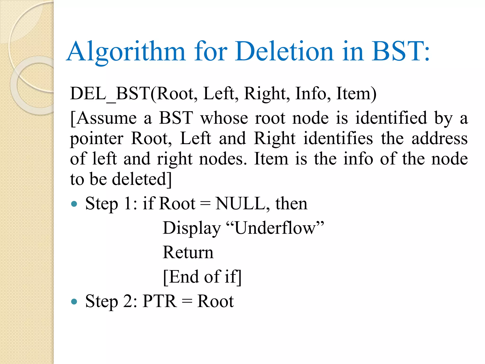 Algorithm for Deletion in BST:
DEL_BST(Root, Left, Right, Info, Item)
[Assume a BST whose root node is identified by a
pointer Root, Left and Right identifies the address
of left and right nodes. Item is the info of the node
to be deleted]
 Step 1: if Root = NULL, then
Display “Underflow”
Return
[End of if]
 Step 2: PTR = Root
 