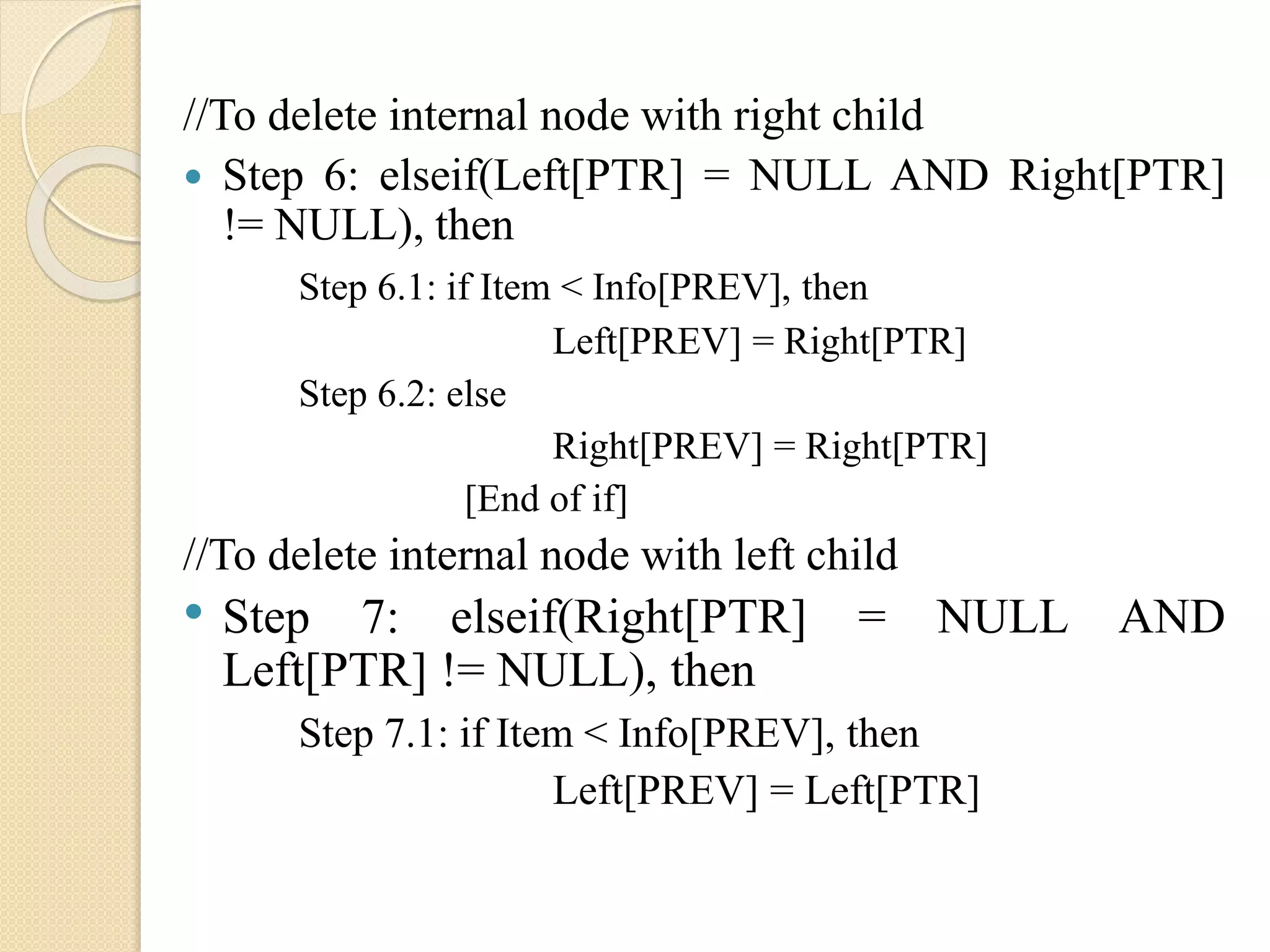 //To delete internal node with right child
 Step 6: elseif(Left[PTR] = NULL AND Right[PTR]
!= NULL), then
Step 6.1: if Item < Info[PREV], then
Left[PREV] = Right[PTR]
Step 6.2: else
Right[PREV] = Right[PTR]
[End of if]
//To delete internal node with left child
• Step 7: elseif(Right[PTR] = NULL AND
Left[PTR] != NULL), then
Step 7.1: if Item < Info[PREV], then
Left[PREV] = Left[PTR]
 