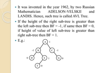  It was invented in the year 1962, by two Russian
Mathematician ADELSON-VELSKII and
LANDIS. Hence, such tree is called AVL Tree.
 If the height of the right sub-tree is greater than
the left sub-tree then BF = -1, if same then BF = 0,
if height of value of left sub-tree is greater than
right sub-tree then BF = 1.
 E.g.: A
CB
D E
F
G
1
-1 -1
10 0
0
 