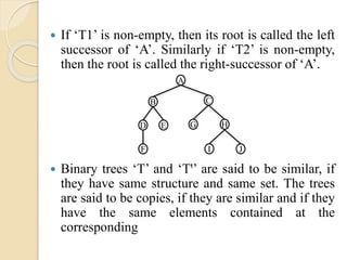  If ‘T1’ is non-empty, then its root is called the left
successor of ‘A’. Similarly if ‘T2’ is non-empty,
then the root is called the right-successor of ‘A’.
 Binary trees ‘T’ and ‘Tꞌ’ are said to be similar, if
they have same structure and same set. The trees
are said to be copies, if they are similar and if they
have the same elements contained at the
corresponding
A
CB
HG
F
ED
JI
 