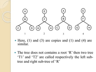  The tree does not contains a root ‘R’ then two tree
‘T1’ and ‘T2’ are called respectively the left sub-
tree and right sub-tree of ‘R’
 Here, (1) and (3) are copies and (1) and (4) are
similar.
A
B
DC
E
F
HG
E
F
HG
A
B
DC
1 2 3 4
 