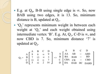  E.g. at Q0, B-B using single edge is ∞. So, now
BAB using two edges, it is 13. So, minimum
distance is B, updated at Q1.
 ‘Q2’ represents minimum weight in between each
weight at ‘Q1’ and each weight obtained using
intermediate vertex ‘B’. E.g. At, Q1, C-D is ∞, and
now CBD is 7. So, minimum distance ‘7’ is
updated at Q2.
A
B
C
D
A B C D
8 6 ∞ 9
7 13 ∞ 3
11 4 ∞ 7
5 11 2 14
Q2 = =>
A
B
C
D
A B C D
AA AB --
BA BAB -- BD
CB
DA DCDAB
CBD--
ABD
CBA
DABD
 