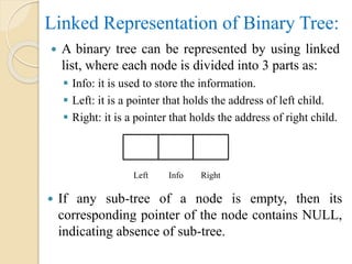 Linked Representation of Binary Tree:
 A binary tree can be represented by using linked
list, where each node is divided into 3 parts as:
 Info: it is used to store the information.
 Left: it is a pointer that holds the address of left child.
 Right: it is a pointer that holds the address of right child.
 If any sub-tree of a node is empty, then its
corresponding pointer of the node contains NULL,
indicating absence of sub-tree.
Left Info Right
 