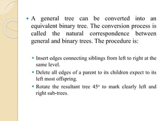  A general tree can be converted into an
equivalent binary tree. The conversion process is
called the natural correspondence between
general and binary trees. The procedure is:
 Insert edges connecting siblings from left to right at the
same level.
 Delete all edges of a parent to its children expect to its
left most offspring.
 Rotate the resultant tree 45o to mark clearly left and
right sub-trees.
 