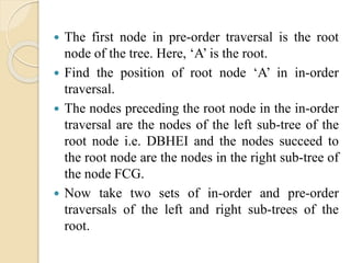  The first node in pre-order traversal is the root
node of the tree. Here, ‘A’ is the root.
 Find the position of root node ‘A’ in in-order
traversal.
 The nodes preceding the root node in the in-order
traversal are the nodes of the left sub-tree of the
root node i.e. DBHEI and the nodes succeed to
the root node are the nodes in the right sub-tree of
the node FCG.
 Now take two sets of in-order and pre-order
traversals of the left and right sub-trees of the
root.
 
