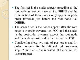  The first set is the nodes appear preceding to the
root node in in-order traversal i.e. DBHEI and the
combination of those nodes only appear in post-
order traversal just before the root node. i.e.
DHIEB.
 The second set is the nodes appear after the root
node is in-order traversal i.e. FCG and the nodes
in the post-order traversal except the root node
and the nodes considered in the first set i.e. FGC.
 Considering these two sets of post-order and in-
order traversals for the left and right sub-trees
step - 2 and step – 3 is repeated till the entire tree
is constructed.
 