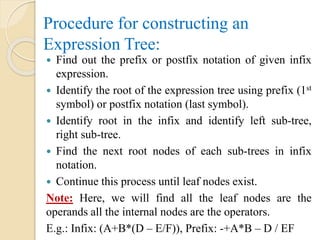 Procedure for constructing an
Expression Tree:
 Find out the prefix or postfix notation of given infix
expression.
 Identify the root of the expression tree using prefix (1st
symbol) or postfix notation (last symbol).
 Identify root in the infix and identify left sub-tree,
right sub-tree.
 Find the next root nodes of each sub-trees in infix
notation.
 Continue this process until leaf nodes exist.
Note: Here, we will find all the leaf nodes are the
operands all the internal nodes are the operators.
E.g.: Infix: (A+B*(D – E/F)), Prefix: -+A*B – D / EF
 