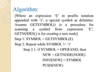 [Where an expression ‘E’ in postfix notation
appended with ‘)’, a special symbol as delimiter.
Assume GETSYMBOL() is a procedure for
scanning a symbol from expression ‘E’,
GETNODES() is for creating a new node].
Step 1: SYMBOL = GETSYMBOL(E)
Step 2: Repeat while SYMBOL != ‘)’
Step 2.1: if SYMBOL = OPERAND, then
NEW = GETNODE(NODE)
INFO[NEW] = SYMBOL
PUSH(NEW)
Algorithm:
 