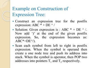 Example on Construction of
Expression Tree:
 Construct an expression tree for the postfix
expression: ABC * + DE ^ /
 Solution: Given expression is : ABC * + DE ^ /.
Now add ‘)’ at the end of the given postfix
expression. So, the expression becomes as:
ABC*+DE^/).
 Scan each symbol from left to right in postfix
expression. When the symbol is operand then
create a one node tree and push its address into
stack. When the symbol is operator, then POP two
addresses into pointers T1 and T2 respectively.
 