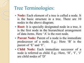 Tree Terminologies:
 Node: Each element of a tree is called a node. It
is the basic structure in a tree. There are 10
nodes in the above diagram.
 Root: It is specially designated node in a tree, it
is the first node in the hierarchical arrangement
of data items. Here ‘A’ is the root node.
 Parent Node: Parent of a node is the immediate
predecessor of a node. E.g.: Here ‘B’ is the
parent of ‘E’ and ‘F’.
 Child Node: Each immediate successor of a
node is referred as child. E.g.: Here, ‘H’, ‘I’, ‘J’
are child nodes of ‘D’
 