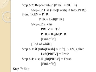 Step 6.2: Repeat while (PTR != NULL)
Step 6.2.1: if (Info[Fresh] < Info[PTR]),
then, PREV = PTR
PTR = Left[PTR]
Step 6.2.2: else
PREV = PTR
PTR = Right[PTR]
[End of if]
[End of while]
Step 6.3: if (Info[Fresh] < Info[PREV]), then
Left[PREV] = Fresh
Step 6.4: else Right[PREV] = Fresh
[End of if]
Step 7: Exit
 