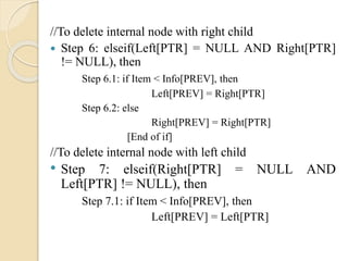 //To delete internal node with right child
 Step 6: elseif(Left[PTR] = NULL AND Right[PTR]
!= NULL), then
Step 6.1: if Item < Info[PREV], then
Left[PREV] = Right[PTR]
Step 6.2: else
Right[PREV] = Right[PTR]
[End of if]
//To delete internal node with left child
• Step 7: elseif(Right[PTR] = NULL AND
Left[PTR] != NULL), then
Step 7.1: if Item < Info[PREV], then
Left[PREV] = Left[PTR]
 