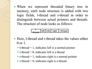  When we represent threaded binary tree in
memory, each node structure is added with two
logic fields, l-thread and r-thread in order to
distinguish between actual pointers and threads.
The structure of node looks as follows:
 Here, l-thread and r-thread takes the values either
0 or 1.
 l-thread = 1, indicates left is a normal pointer
 l-thread = 0, indicates left is a thread
 r-thread = 1, indicates right is a normal pointer
 r-thread = 0, indicates right is a thread.
l-
thread
left info right r-thread
 