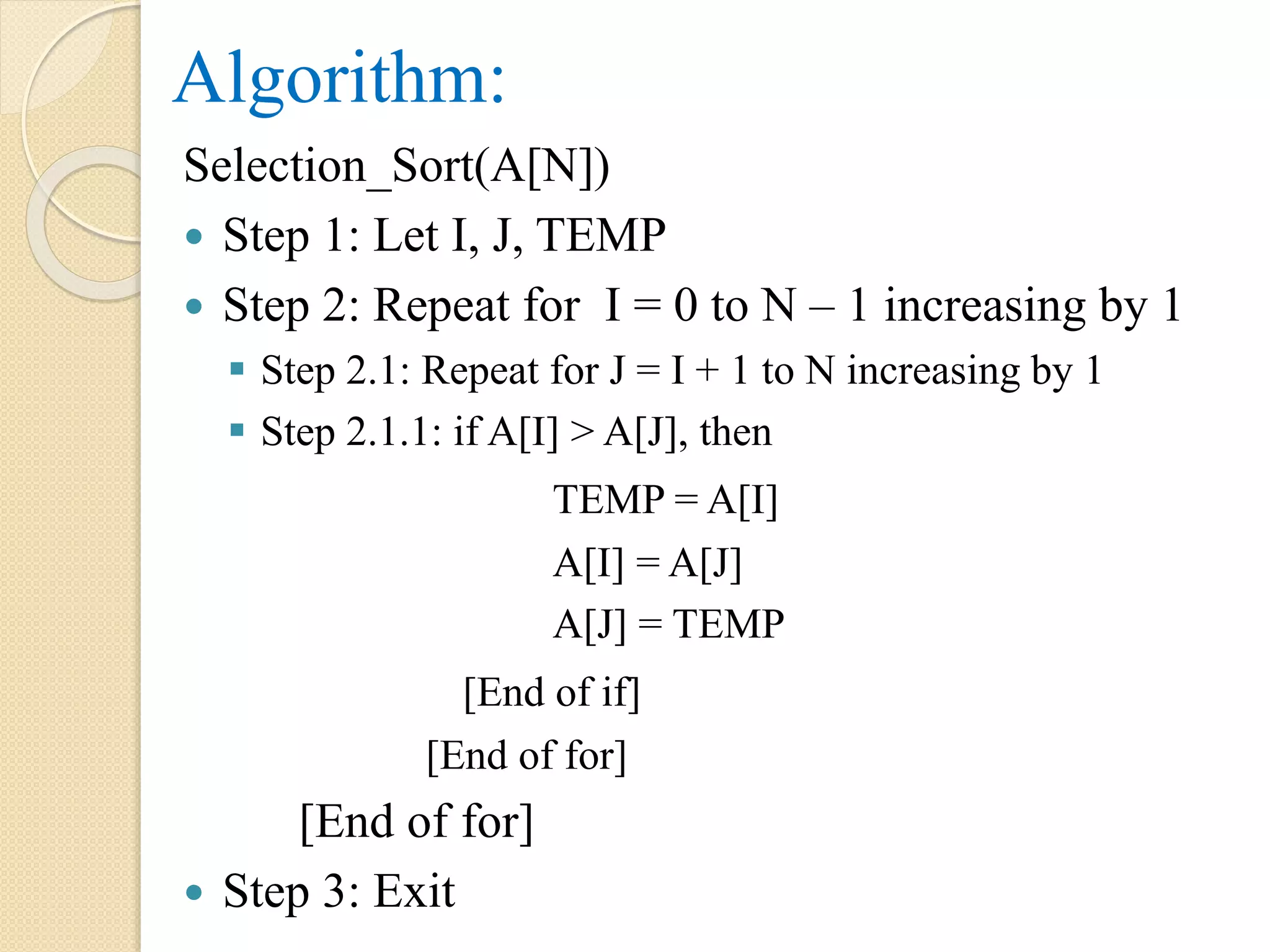 Algorithm:
Selection_Sort(A[N])
 Step 1: Let I, J, TEMP
 Step 2: Repeat for I = 0 to N – 1 increasing by 1
 Step 2.1: Repeat for J = I + 1 to N increasing by 1
 Step 2.1.1: if A[I] > A[J], then
TEMP = A[I]
A[I] = A[J]
A[J] = TEMP
[End of if]
[End of for]
[End of for]
 Step 3: Exit
 