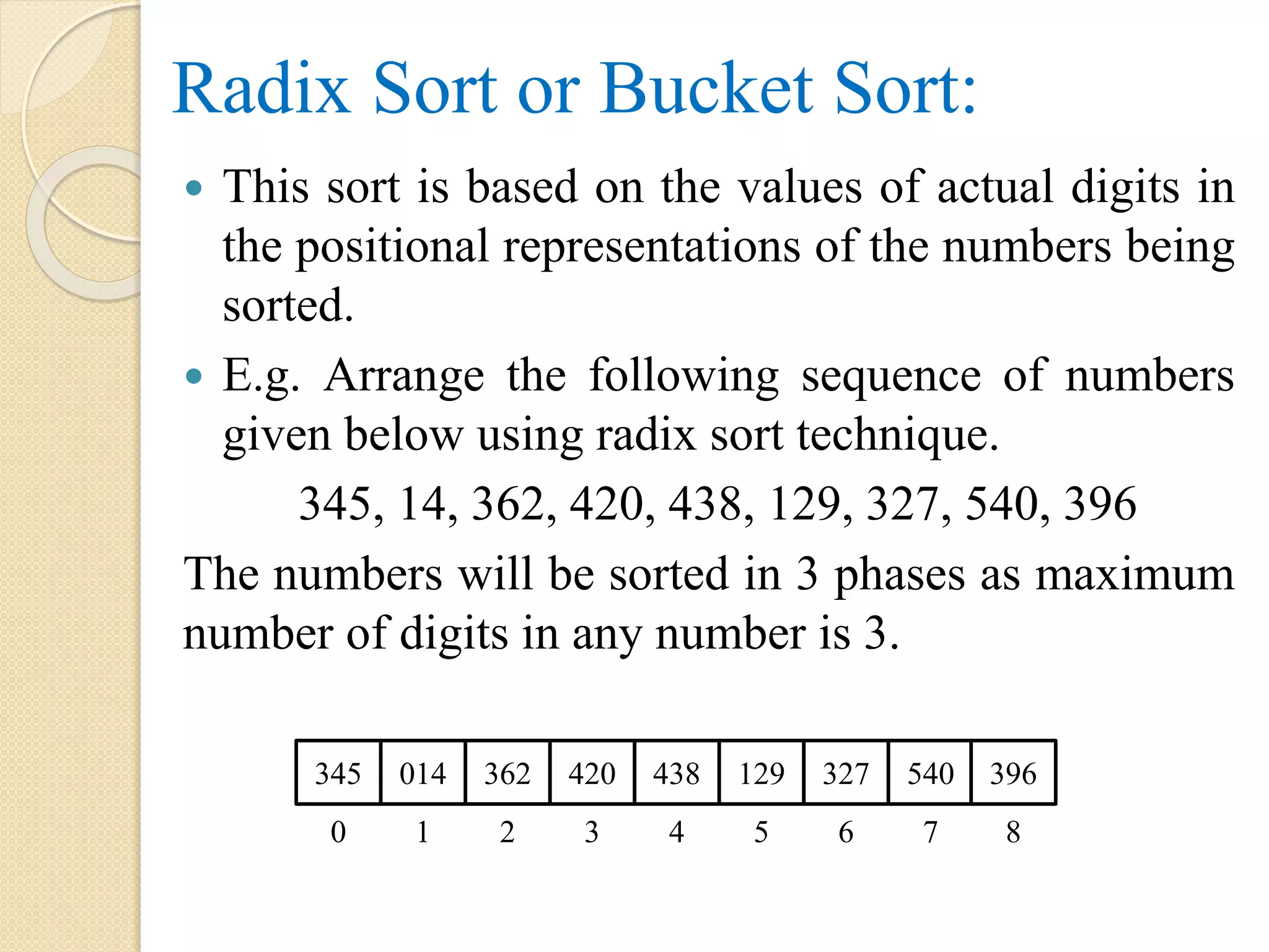 Radix Sort or Bucket Sort:
 This sort is based on the values of actual digits in
the positional representations of the numbers being
sorted.
 E.g. Arrange the following sequence of numbers
given below using radix sort technique.
345, 14, 362, 420, 438, 129, 327, 540, 396
The numbers will be sorted in 3 phases as maximum
number of digits in any number is 3.
345 014 362 420 438 129 327 540 396
0 1 2 3 4 5 6 7 8
 