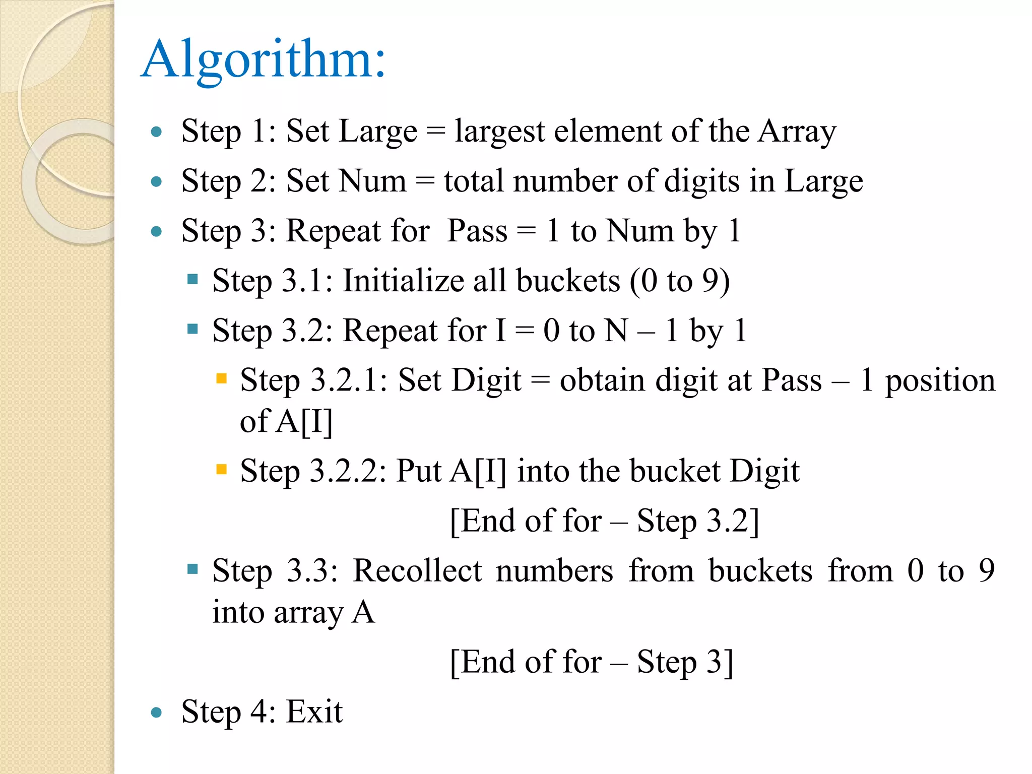 Algorithm:
 Step 1: Set Large = largest element of the Array
 Step 2: Set Num = total number of digits in Large
 Step 3: Repeat for Pass = 1 to Num by 1
 Step 3.1: Initialize all buckets (0 to 9)
 Step 3.2: Repeat for I = 0 to N – 1 by 1
 Step 3.2.1: Set Digit = obtain digit at Pass – 1 position
of A[I]
 Step 3.2.2: Put A[I] into the bucket Digit
[End of for – Step 3.2]
 Step 3.3: Recollect numbers from buckets from 0 to 9
into array A
[End of for – Step 3]
 Step 4: Exit
 