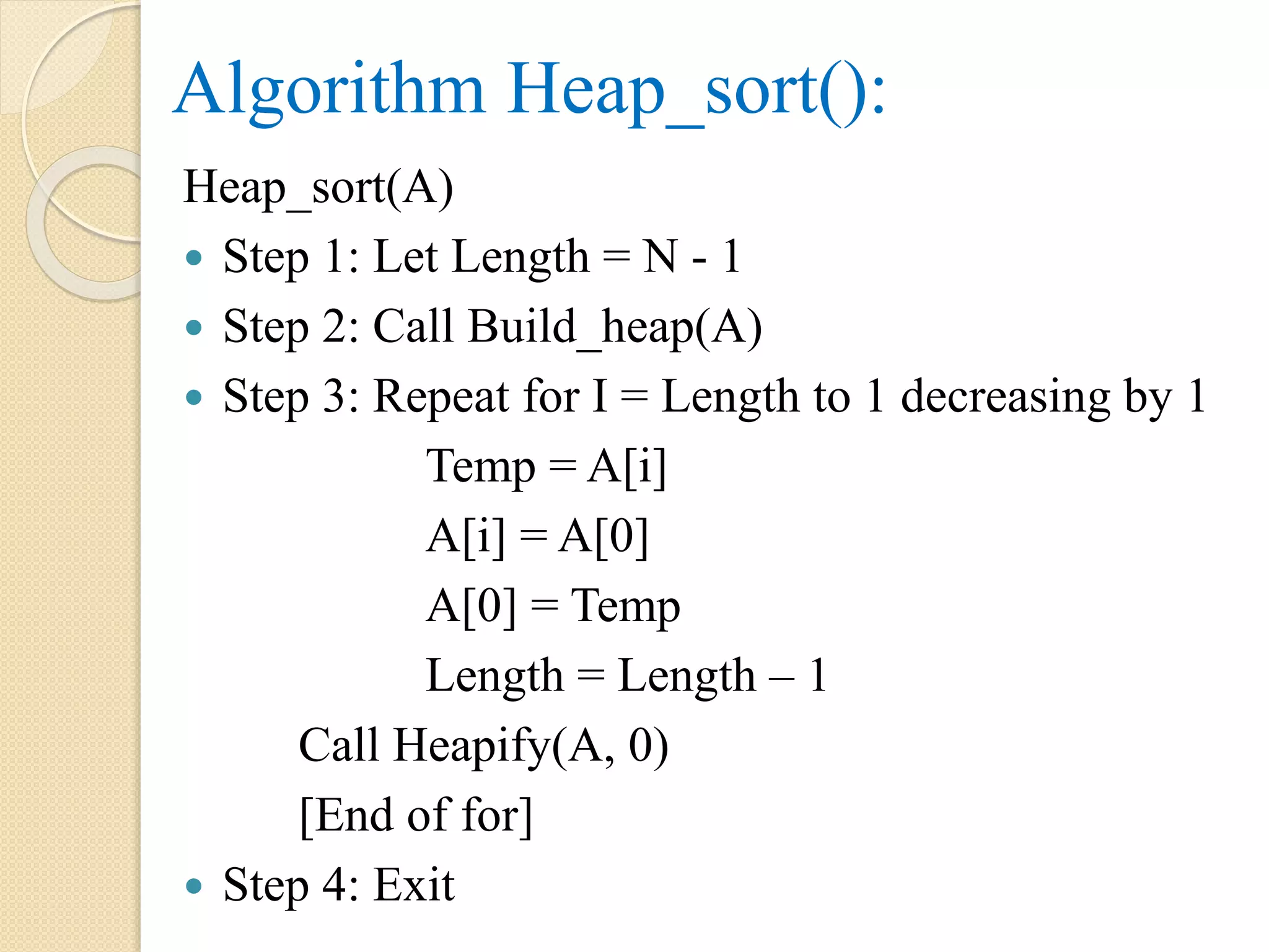 Algorithm Heap_sort():
Heap_sort(A)
 Step 1: Let Length = N - 1
 Step 2: Call Build_heap(A)
 Step 3: Repeat for I = Length to 1 decreasing by 1
Temp = A[i]
A[i] = A[0]
A[0] = Temp
Length = Length – 1
Call Heapify(A, 0)
[End of for]
 Step 4: Exit
 